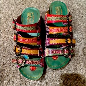 L’Artiste Sandals Size 9 Mixed Colors Teal, Orange, Yellow, Pink as shown.